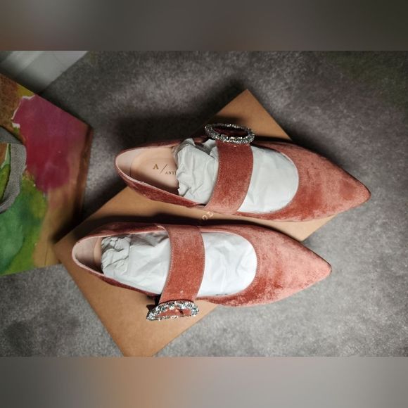 LikeNew w/Box Anthropologie Mary Jane Embellished Buckle Flats || Taupe Size 6.5 - Picture 6 of 11